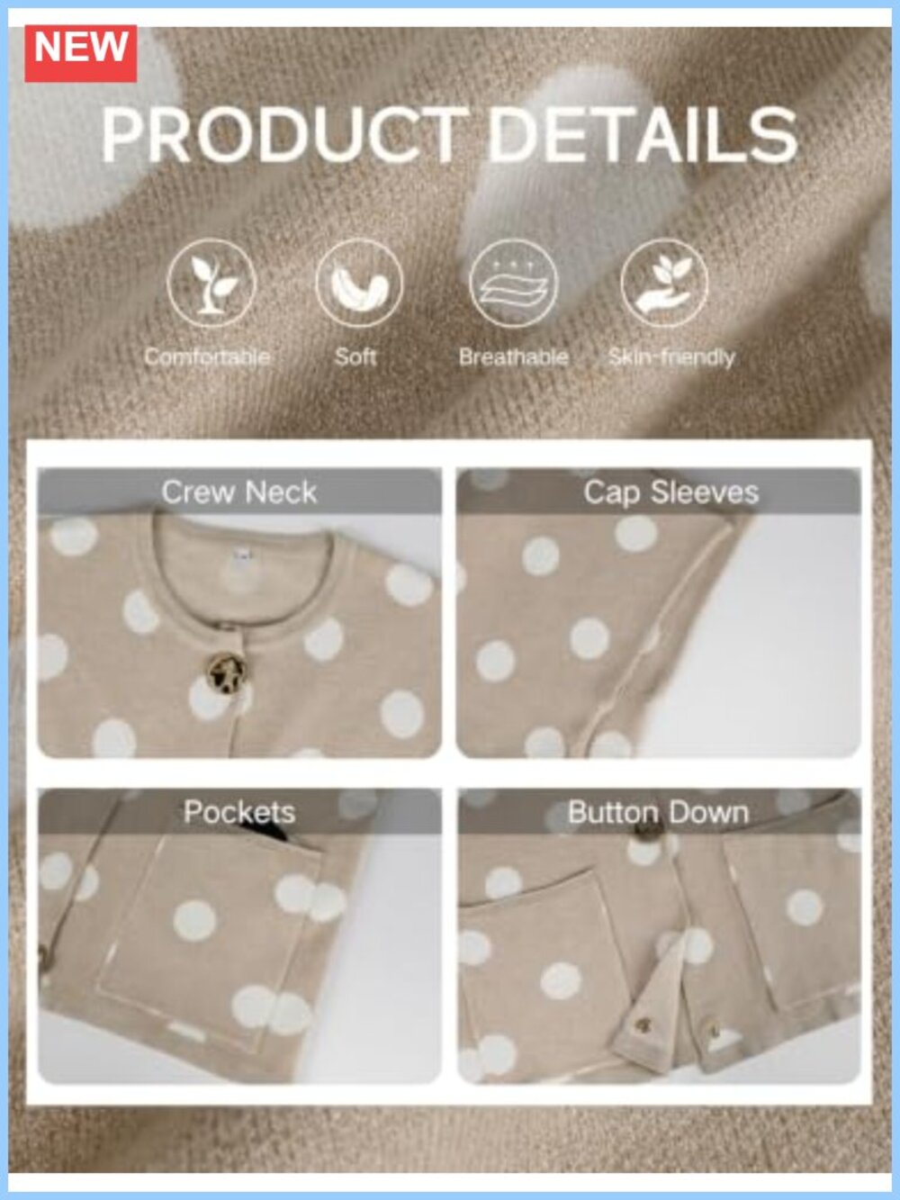 Cap Sleeve Polka Dot Cropped Knit Cardigan Sweater Gold Button Patch Pockets - Picture 6 of 6